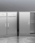 Heavy Duty Rolling Tool Cabinet With Secure Locking Casters And Thick Steel Frame For Garage Storage Organizer view of two cabinets with drawers and doors