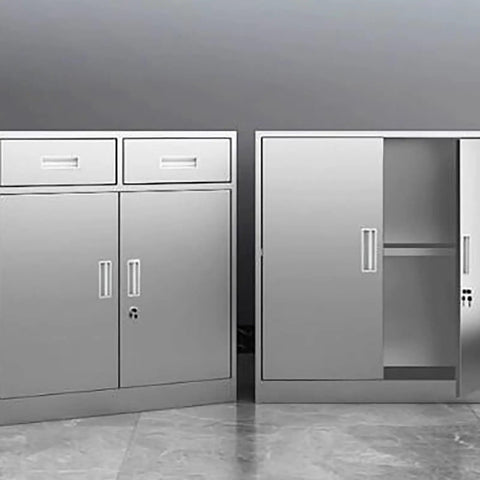 Heavy Duty Rolling Tool Cabinet With Secure Locking Casters And Thick Steel Frame For Garage Storage Organizer view of two cabinets with drawers and doors