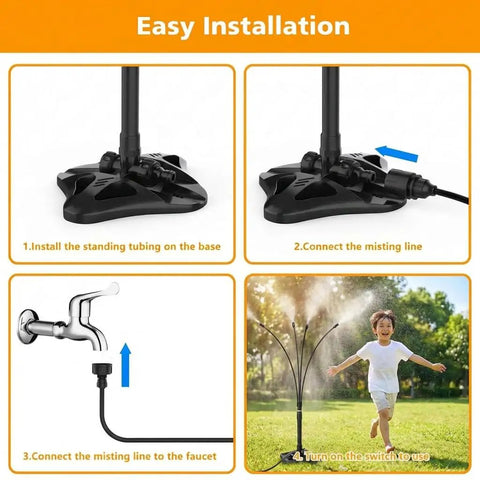 Outdoor Standing Mister installation steps: connect hose, attach misting line, simple setup, no power needed