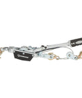 Beefy Double Gear Hand Cable Puller Two Ton Capacity Heavy Steel Twin Ratchet with three latch hooks for towing boats and moving freight.