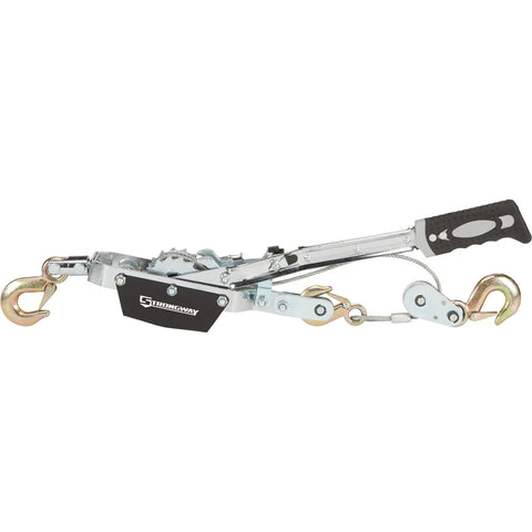 Beefy Double Gear Hand Cable Puller Two Ton Capacity Heavy Steel Twin Ratchet with three latch hooks for towing boats and moving freight.