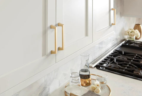 Champagne Bronze Transitional Cabinet Drawer Pull For Cabinets And Furniture With Five And One Sixteenth Inch Center To Center Mounting And Five Seven Eighths Inch Overall Length 1 Pack installed in kitchen