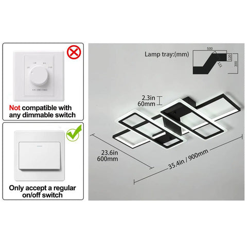 Diagram of Dope Black 95W Flush Mount LED Ceiling Light With Four Interlocking Squares Modern Windmill Design in metal and acrylic.