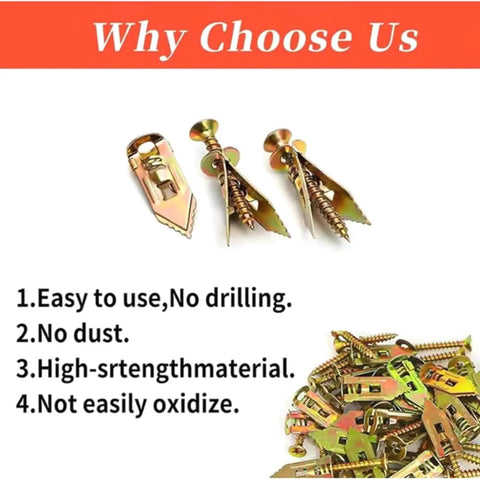 Heavy Duty No Drill Drywall Anchors Kit With Metal Expansion Screws, 50 Pcs, Self Tapping Design For Easy Install, Includes Screws And Gloves, Carbon Steel Zinc Plated For Strong Rust Resistant Wall Mounts, metal drywall anchors and screws shown
