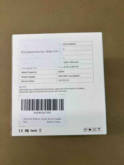 Packaging box of Ultrasonic Retainer Cleaner With UV Light And 45KHz Cleaning Pod, specifications and barcode shown