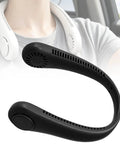 Portable Ultra Slim Bladeless Neck Fan With Three Adjustable Airflow Settings And A High Capacity Rechargeable Battery crafted in black, worn comfortably around the neck.