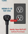 Nema 5-15 plug shown next to a dual outlet warning to verify outlet for Plug And Play Nema 5-15 To Tesla Charging Adapter Compatible With Gen 2 And 3 Mobile Connector 14 Inch Cord For Home Electric Car Level 1 Wall Outlet.