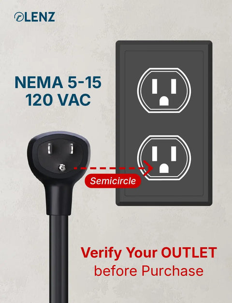 Nema 5-15 plug shown next to a dual outlet warning to verify outlet for Plug And Play Nema 5-15 To Tesla Charging Adapter Compatible With Gen 2 And 3 Mobile Connector 14 Inch Cord For Home Electric Car Level 1 Wall Outlet.