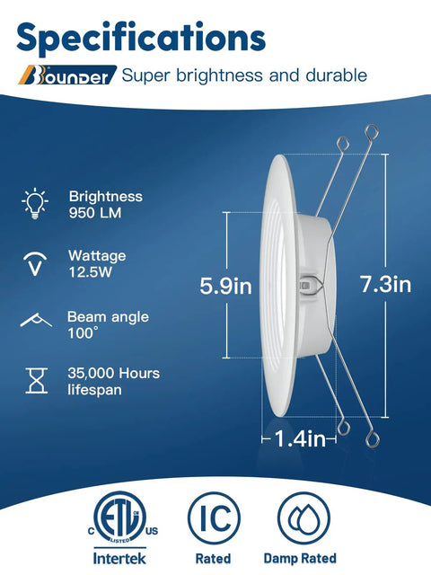 12 Pack 5/6 Inch LED Recessed Downlights With Baffle Trim, Dimmable, 12.5W Equal 100W, 4000K Cool White, About 950 Lumens, Damp Rated