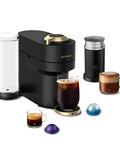 Vertuo Pop Deluxe Coffee And Espresso Maker With Aeroccino Milk Frother, matte black gold finish, with cups and pods displayed