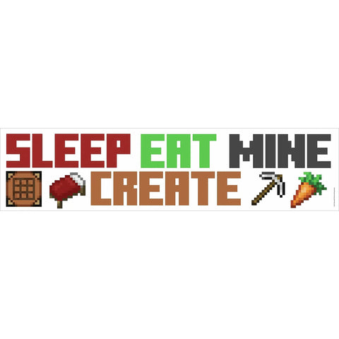 Minecraft Eat Sleep Mine Create Peel And Stick Wall Decal Set with pixel art bed, tools, and vegetables.