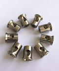 Top view: ten stainless steel waterjet mixing chamber parts, cylindrical components with hole for waterjet cutting machines.