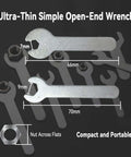 Ultra-thin open-end wrench set with 7mm and 9mm sizes, showing dimensions and compact design on black background.