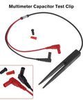 Multimeter Capacitor Test Clip with red and black tweezers, gold-plated connectors, safe silicone insulation, narrow PCB access