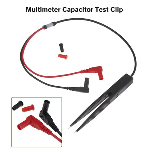 Multimeter Capacitor Test Clip with red and black tweezers, gold-plated connectors, safe silicone insulation, narrow PCB access
