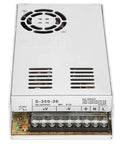 Beefed Up 36V 350W Industrial AC Power Supply For Security Monitoring And PLC Control Systems, Rugged Transformer Type, Compact High Efficiency Unit For Transportation Facilities And Industrial Applications. silver metal 36V 350W power supply with fan and terminal block