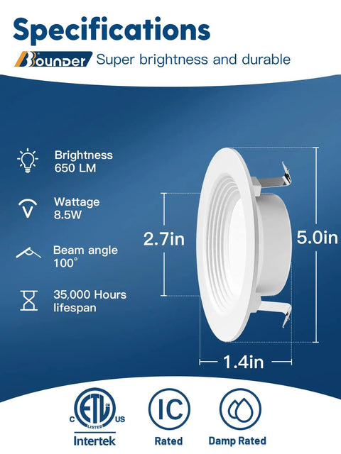 Specifications of 12 Pack 4 Inch LED Can Lights Retrofit Recessed Downlights With Baffle Trim Dimmable 8.5W Equal 60W 650 Lumen 6000K