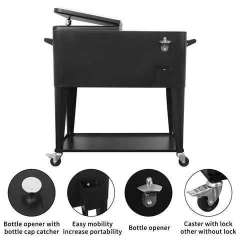 80 Qt Rolling Cooler Cart On Wheels With Large Storage Shelf And Bottle Opener, Durable Iron Frame In Sleek Black