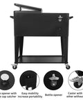 Portable Rolling Cooler Cart On Wheels With Shelves For Outdoor Parties Patio Deck Backyard Bbq Bar Beverage Service 80 Quart Ice Chest With Bottle Opener And Locking Casters Black shown with open lid and side features.