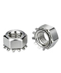 Top Grade 304 Stainless Steel Metric K-Type Serrated Hex Lock Nuts With External Toothed Polydentate Design showing M3 to M10 sizes.