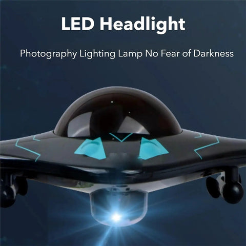 Pro Grade Underwater Drone with Bionic Manta Ray Design featuring LED headlight for surface navigation at night.