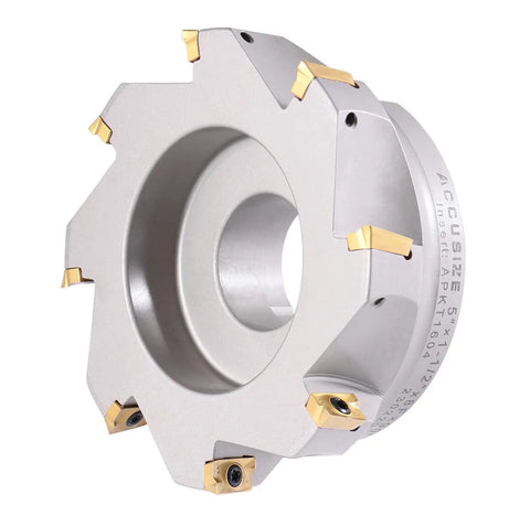 Heavy Duty 5 Inch 90 Degree Square Shoulder Indexable Face Mill With Eight APKT1604 Carbide Inserts Installed, One And One Half Inch Arbor Hole, Two Inch Overall Length, Nickel Plated Body With Secure Screw Down Inserts
