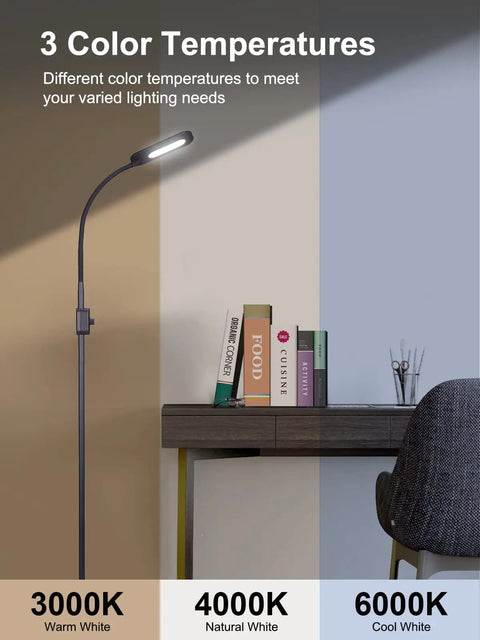 Go-To Floor Lamp With Stepless Dimmer And 3 Color Temperature Modes showing 3000K-6000K color options in living room setup.
