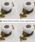 Hella Sturdy Retro Ceramic Cabinet Knobs With Backplate Four Pack Vintage Drawer Pulls Zinc Alloy Kitchen Cupboard Furniture Hardware Quick Swap White Finish For Your Spot close-up view of white ceramic knob with decorative backplate