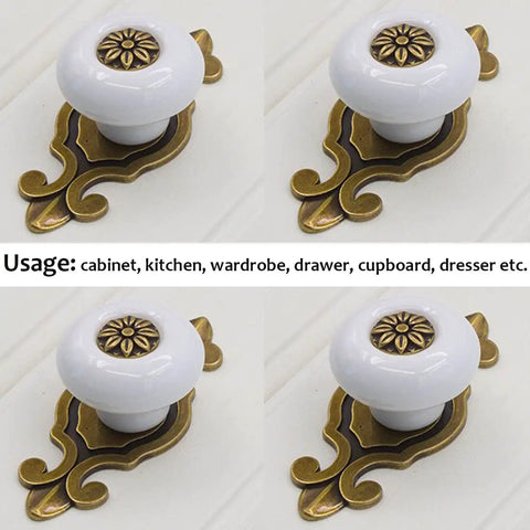 Hella Sturdy Retro Ceramic Cabinet Knobs With Backplate Four Pack Vintage Drawer Pulls Zinc Alloy Kitchen Cupboard Furniture Hardware Quick Swap White Finish For Your Spot close-up view of white ceramic knob with decorative backplate