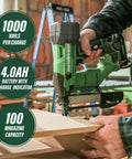 Beast Of A 18V MultiVolt Cordless Stapler Kit with 1/4-Inch Narrow Crown used on wood surface, showing battery and capacity details