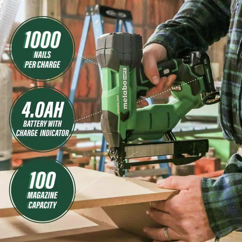 Beast Of A 18V MultiVolt Cordless Stapler Kit with 1/4-Inch Narrow Crown used on wood surface, showing battery and capacity details