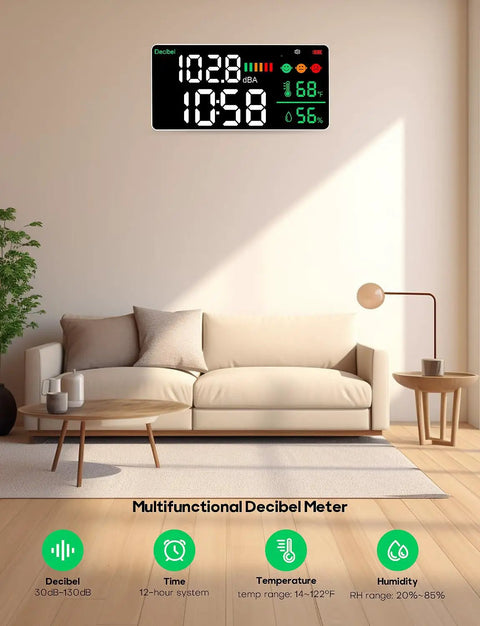 Room with sofa and a multifunctional decibel meter displaying time, temperature, humidity, and other data on wall.
