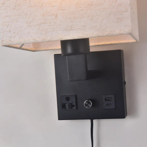 Close-up of Plug In Wall Sconce Hits Different With Touch Dimmer, featuring USB ports and matte black base.