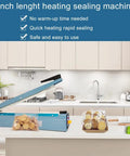 Super No Sweat Heavy Duty Heat Seal Machine For Mylar Cookie And Poly Bags 12 Inch Wide Manual Sealer With Spare Teflon Tape And Dual Rotary Cutters 110V on kitchen countertop with cookies.