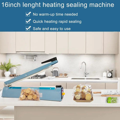 Super No Sweat Heavy Duty Heat Seal Machine For Mylar Cookie And Poly Bags 12 Inch Wide Manual Sealer With Spare Teflon Tape And Dual Rotary Cutters 110V on kitchen countertop with cookies.