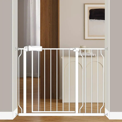 Wide Baby Gate For Doorways And Stairs With Pressure Mounted Extension Indoor Safety Gate For Kids Or Pets Fits Openings From Thirty Eight And A Half To Forty Three And A Half Inches Walk Through Swing Door Thirty Inches Tall shown installed in doorway