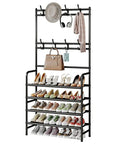 Freestanding Coat Rack And Shoe Organizer With Storage Shelf 4 Tier And 8 Hooks Black Steel For Entryway Bedroom Closet Or Dorm Durable Metal Construction