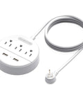 10 Foot Flat Plug Extension Cord With 3 Outlets Power Strip And 2 USB Ports Desk Side Charging Station Wall Mount For Home Office Dorm Room Cruise Ship White, coiled view