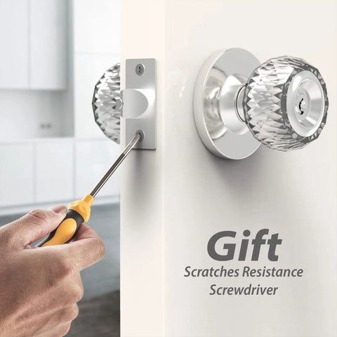 Installing Crystal Privacy Door Knob With Lock For Bedroom And Bathroom using screwdriver, showing easy install process.