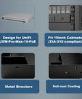 Heavy Duty 1U Rack Mount Shelf For Network Gear 19 Inch Server Bracket With Black Coated Steel Build details showing compatible UniFi design and vented structure.