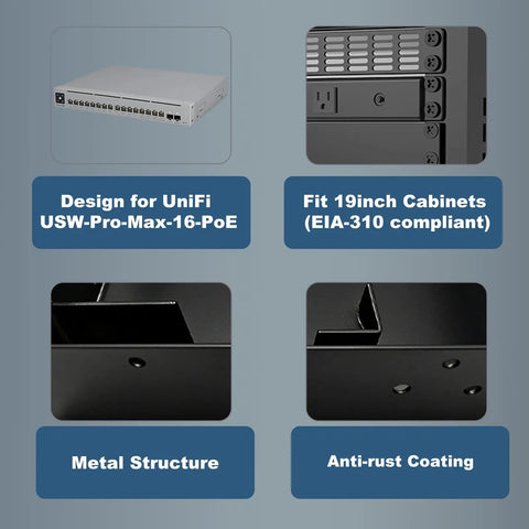 Heavy Duty 1U Rack Mount Shelf For Network Gear 19 Inch Server Bracket With Black Coated Steel Build details showing compatible UniFi design and vented structure.