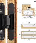 Top Tier Six Inch Hidden Door Hinges With Dead Simple Three Dimensional Tuning And Workhorse Zinc Alloy Build For Smooth Heavy Duty Swings On Flush Panels Up To Forty Four Pounds Load, detailed image showing hinge structure and dimensions.