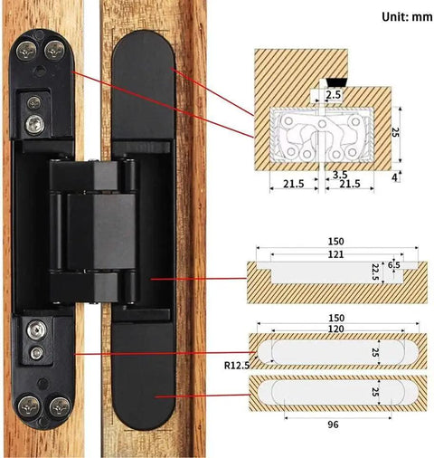 Top Tier Six Inch Hidden Door Hinges With Dead Simple Three Dimensional Tuning And Workhorse Zinc Alloy Build For Smooth Heavy Duty Swings On Flush Panels Up To Forty Four Pounds Load, detailed image showing hinge structure and dimensions.