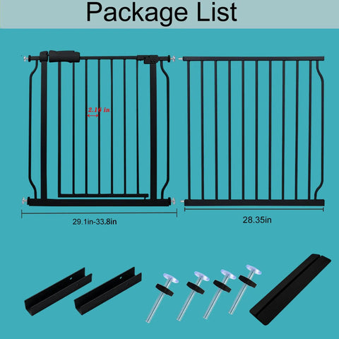 Package contents of Extra Wide Baby Gate For Stairs And Openings, Pressure Mount Dog Gate With 3 Extensions, Black Metal