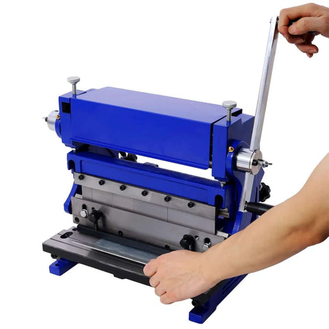 3 In 1 Sheet Metal Brake 12 Inch Blue Combination Machine for bending, shearing, and rolling, compact design with five blade options