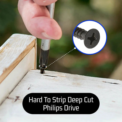 Hardcore Durability Size 8 By 1-1/4 Inch Black Xylan Coated Stainless Steel Flat Head Phillips Wood Screws Pack Of 25 in use, close-up.