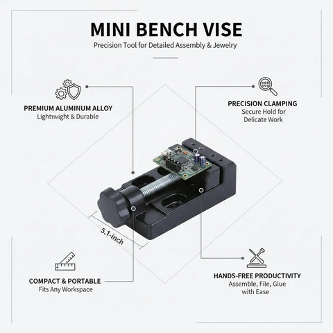 This Mini Aluminum Alloy Bench Vise Is A Compact Clamp Perfect For Jewelry Making And Precision Crafts showing a 5.1-inch lightweight portable tool.