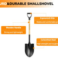 All In One 41 Inch Round Point Shovel With D Handle And Cold Rolled Steel Blade Tough Workhorse For Digging Edging Trenching Transplanting Snow Removal Camping Beach And Car Emergency with labeled features, ergonomic D-grip, wooden handle, carbon steel head.