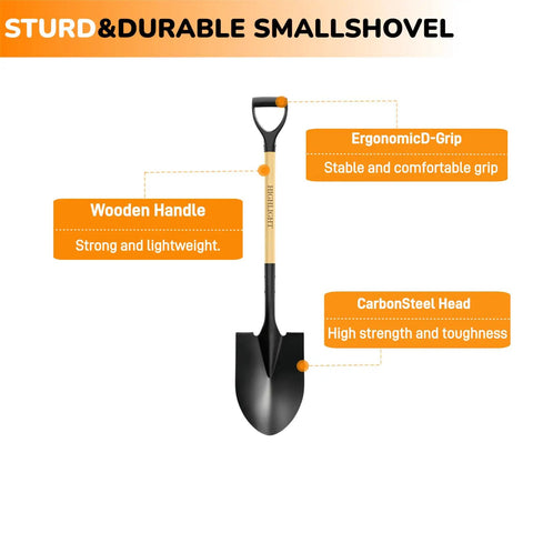 All In One 41 Inch Round Point Shovel With D Handle And Cold Rolled Steel Blade Tough Workhorse For Digging Edging Trenching Transplanting Snow Removal Camping Beach And Car Emergency with labeled features, ergonomic D-grip, wooden handle, carbon steel head.