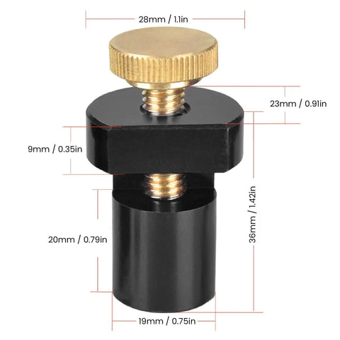 Beefy Aluminum Alloy Bench Dog With 19mm Thumb Screw Non Slip Workbench Stop for woodworking tables, dimensioned view